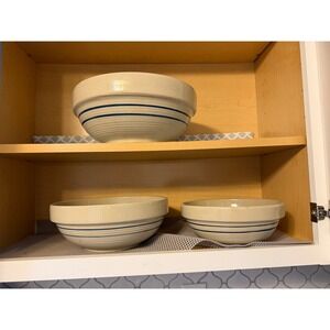Set of 3 Marshall Pottery 1950s Stoneware Bowls Colonial Band 2 Blue Stripes